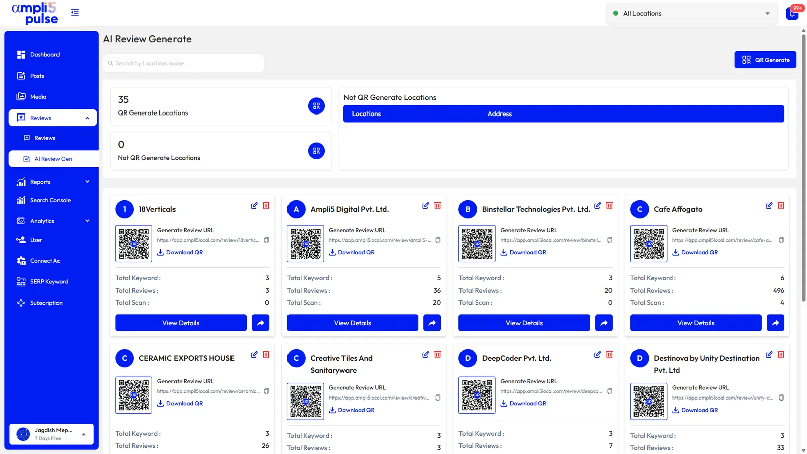 AI review QR codes for every location in Ampli5 Pulse, with each location’s review link