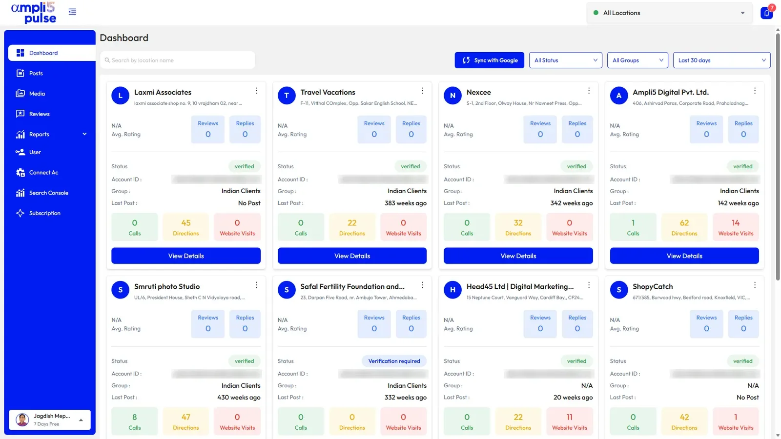 Ampli5 Pulse dashboard with every location's rating, reviews and status