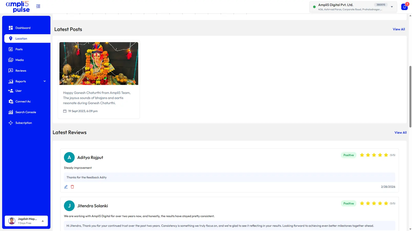A location’s latest Google posts and reviews in Ampli5 Pulse
