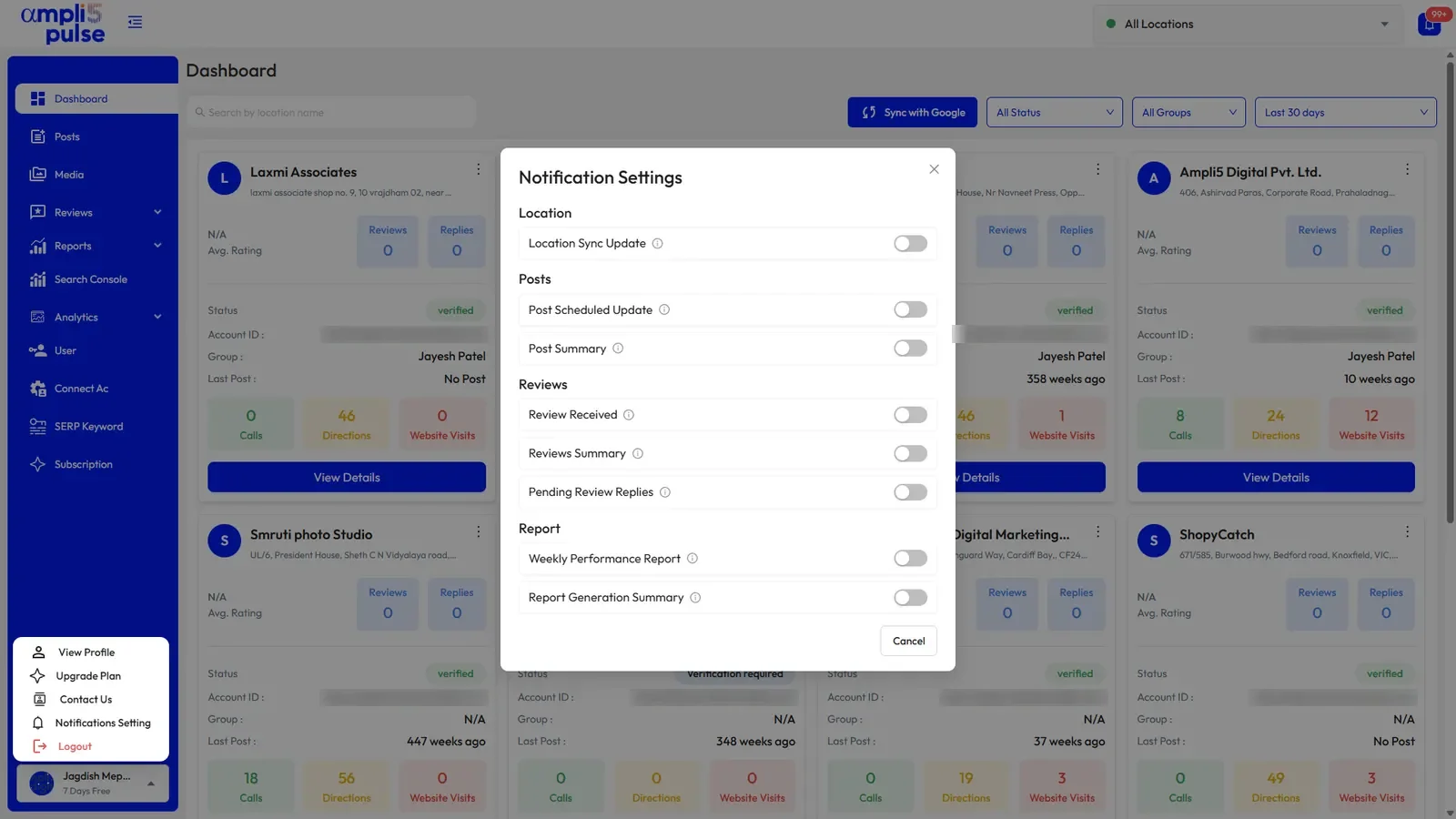 Notification settings in Ampli5 Pulse for new reviews, posts and reports