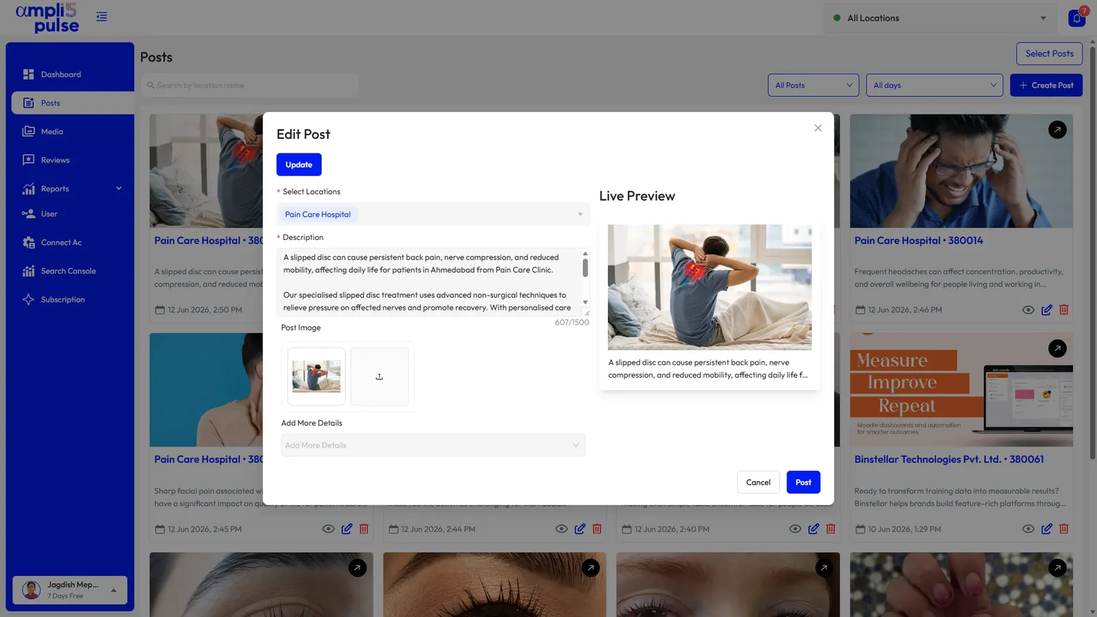 Editing a Google post in Ampli5 Pulse with a live preview