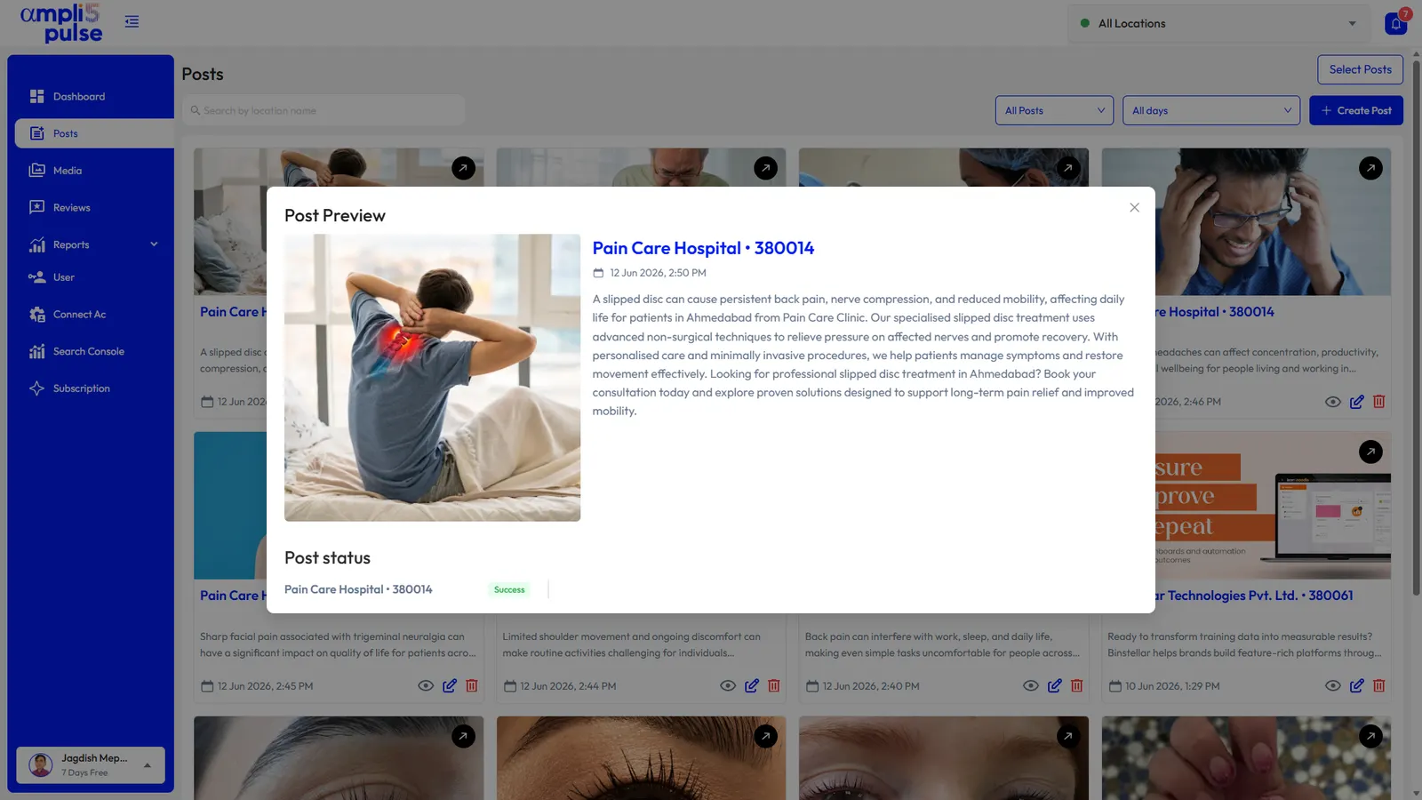 A published Google post in Ampli5 Pulse with its status for each location
