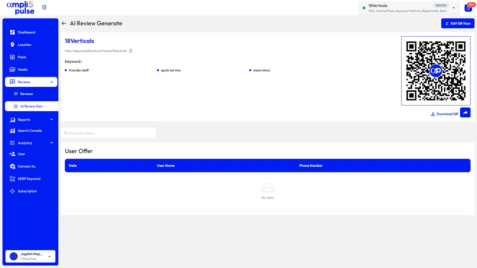 A location’s review QR code and review keywords