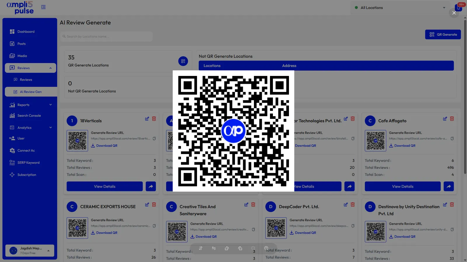 A Google review QR code opened full size in Ampli5 Pulse