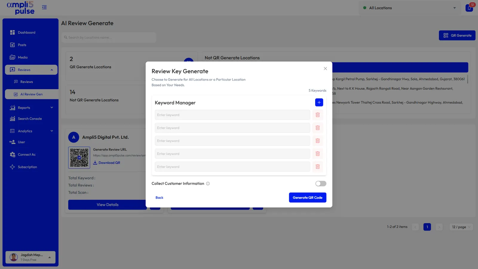 Adding review keywords for a location’s review QR code in Ampli5 Pulse