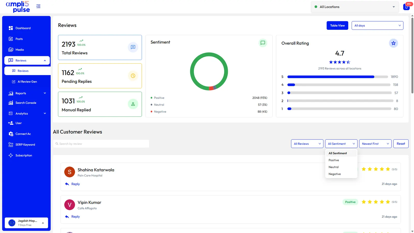 Ampli5 Pulse review inbox filtered by sentiment, with total reviews and overall rating