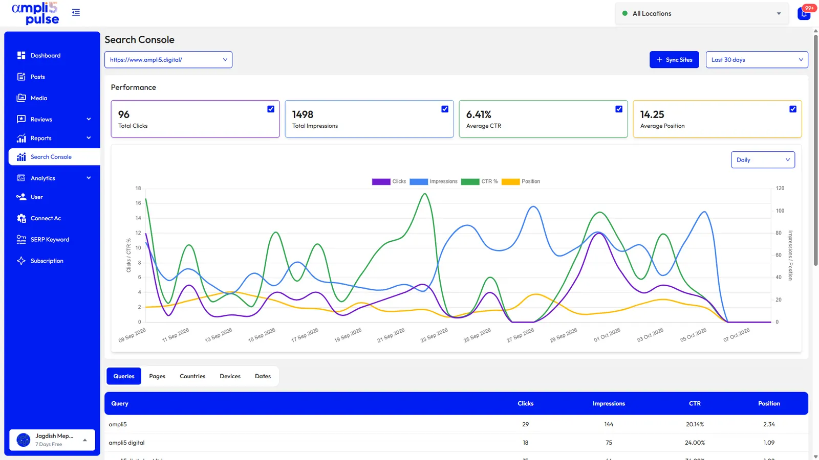 Google Search Console clicks, impressions, CTR and position in Ampli5 Pulse