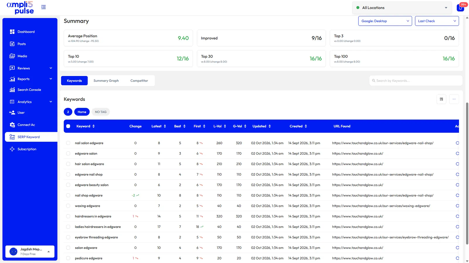 Keyword positions on Google Search and Maps in Ampli5 Pulse