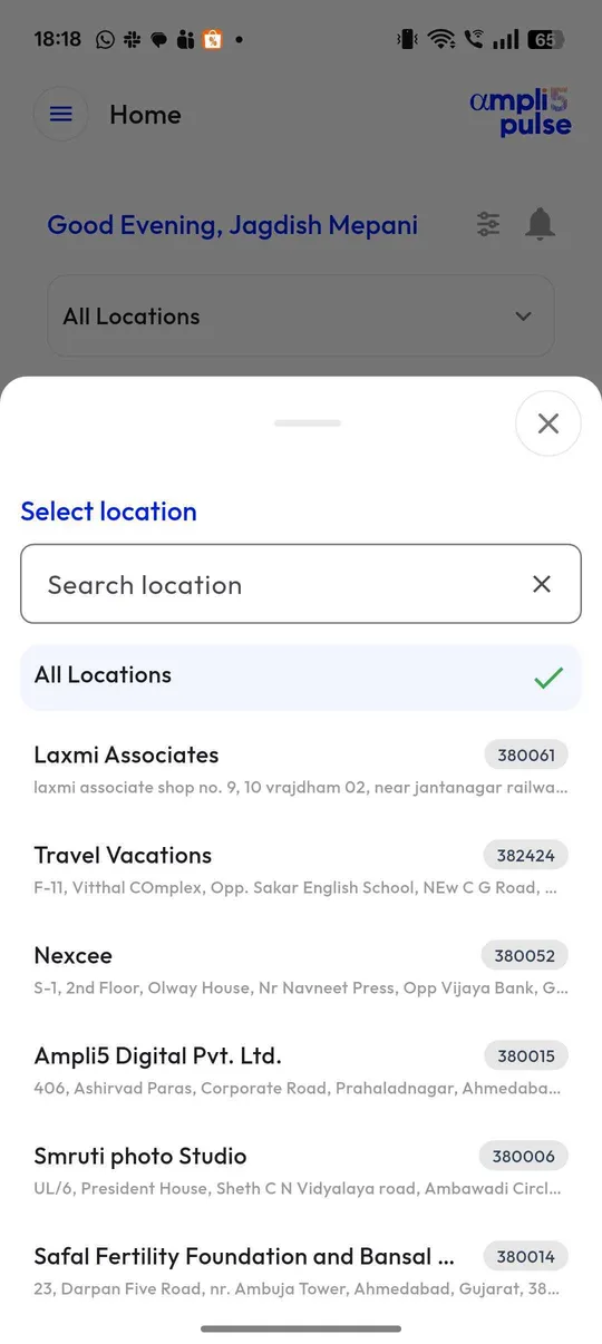 Choosing a location in the Ampli5 Pulse mobile app