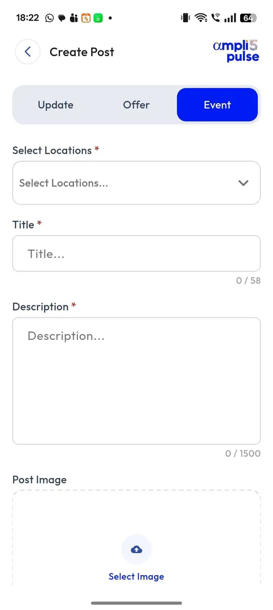 Creating an event post in the Ampli5 Pulse mobile app