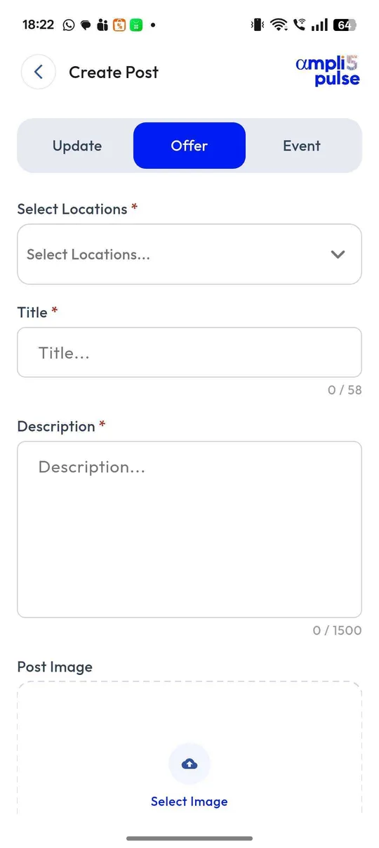 Creating an offer post in the Ampli5 Pulse mobile app