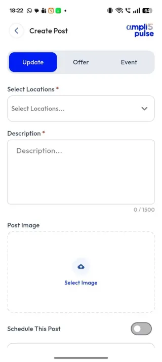 Ampli5 Pulse mobile app Create Post screen with Update, Offer and Event tabs and a Select Locations field