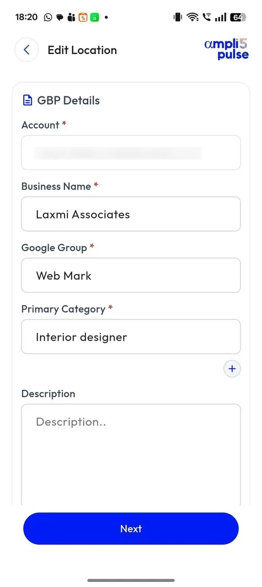 Editing a business name, category and description in the Ampli5 Pulse mobile app