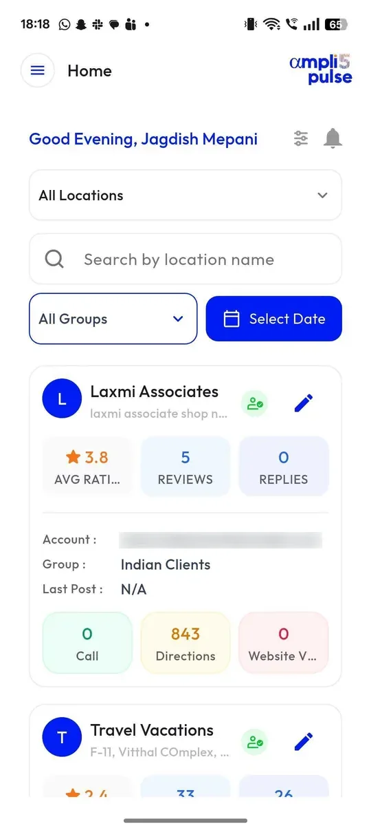 Ampli5 Pulse mobile app home screen with each location’s rating, reviews and replies