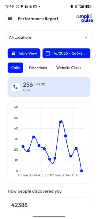 Ampli5 Pulse mobile app showing the performance report for all locations, with calls over time
