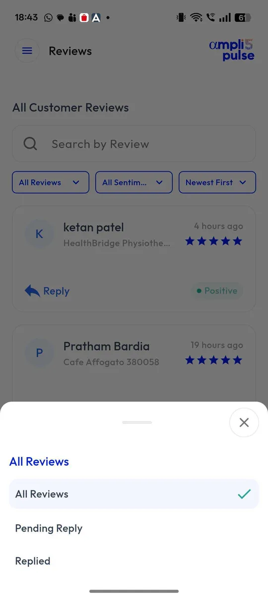 Filtering reviews by reply status in the Ampli5 Pulse mobile app