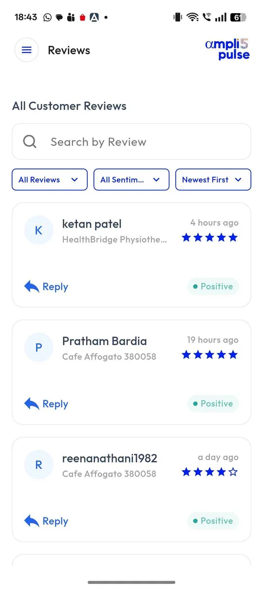 Customer reviews with reply buttons in the Ampli5 Pulse mobile app
