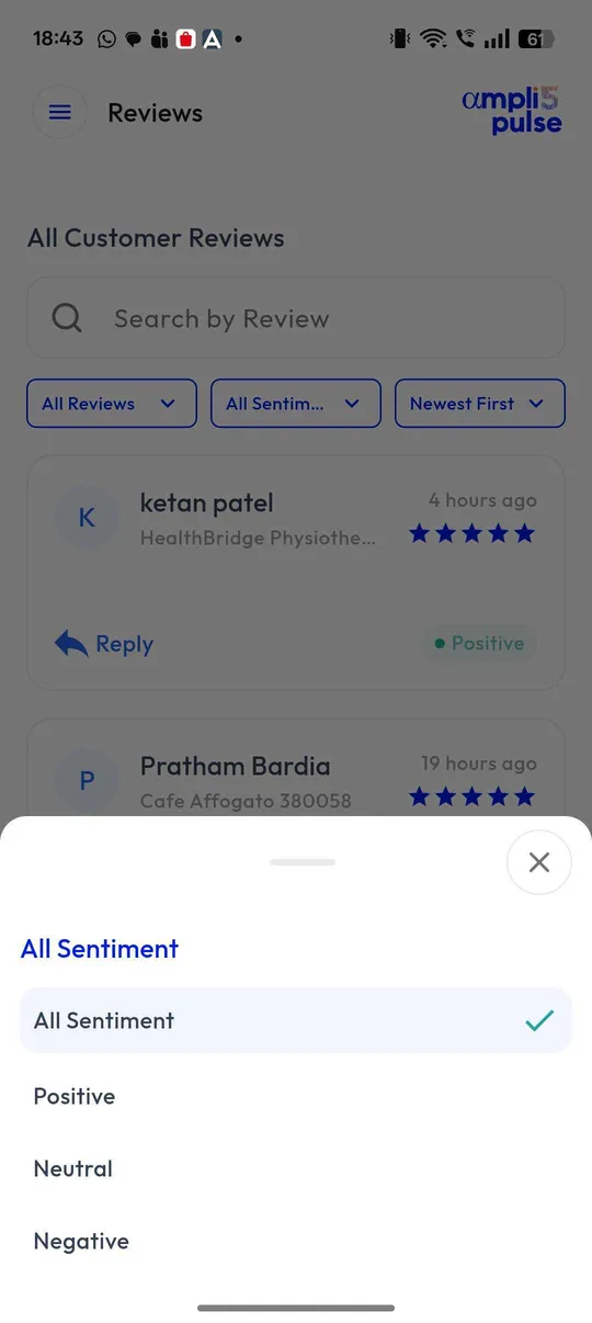 Filtering reviews by sentiment in the Ampli5 Pulse mobile app