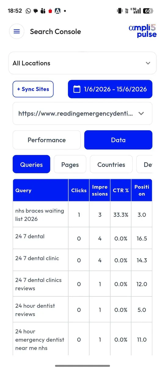 Search Console queries with clicks and impressions in the Ampli5 Pulse mobile app