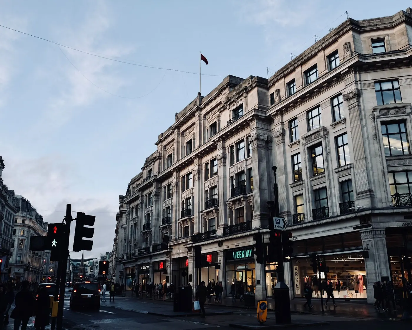 A busy high street lined with shops