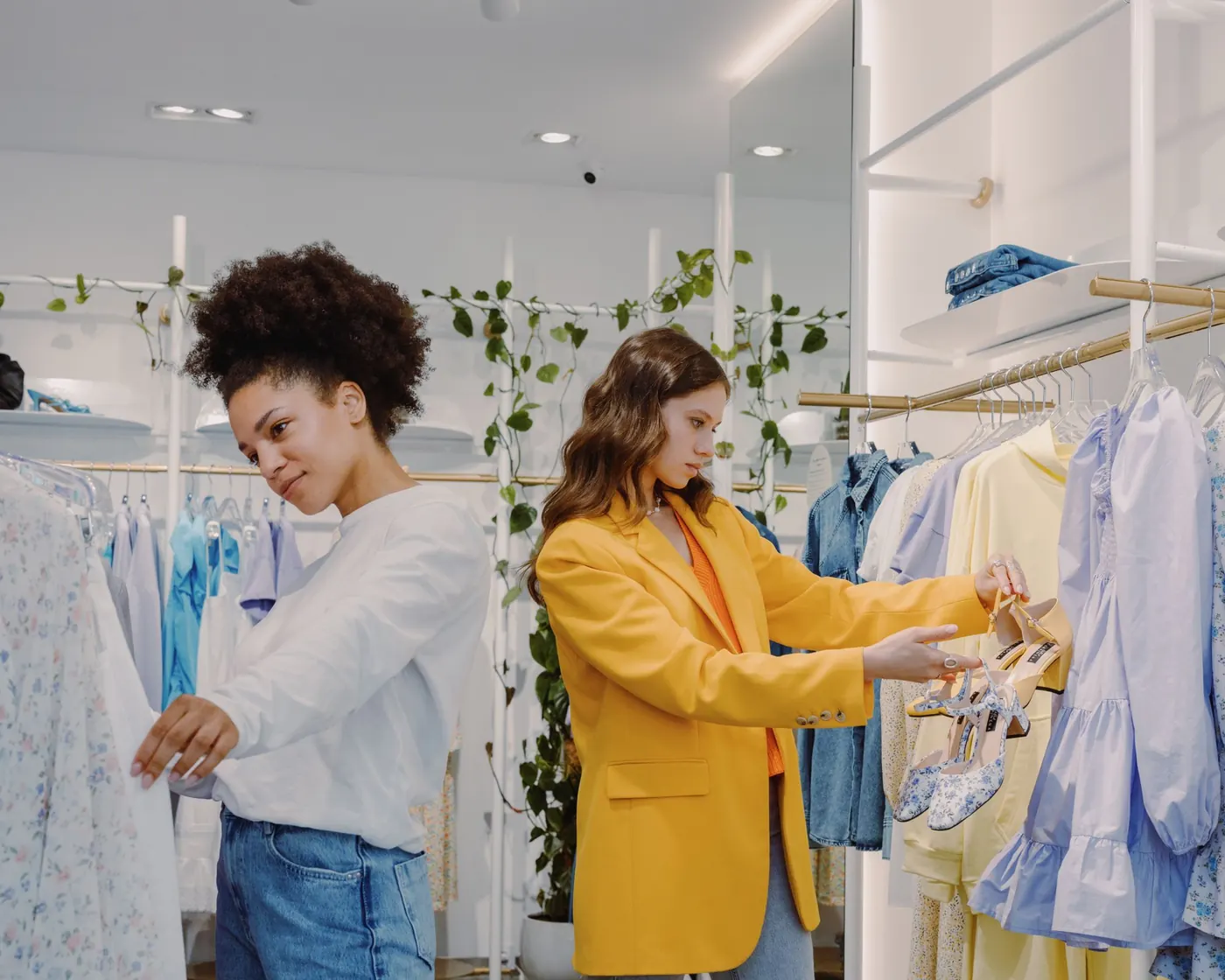 Two shoppers browsing clothes in a boutique