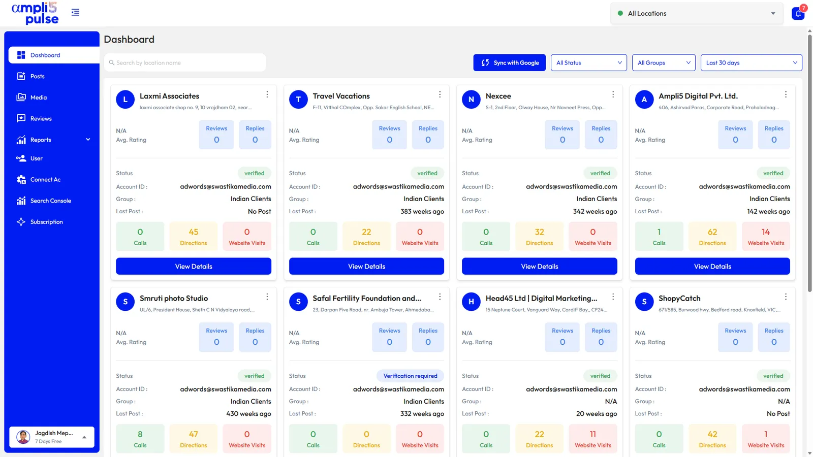 Ampli5 Pulse local SEO dashboard managing multiple Google Business Profiles